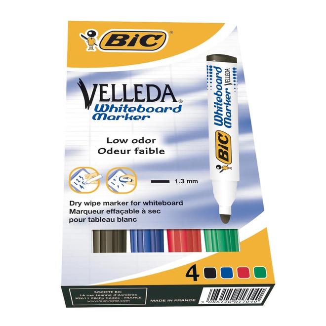 BIC Velleda Pocket Whiteboard Pens Large Bullet Nib -Assorted Colours, Pack  of 4 BIC